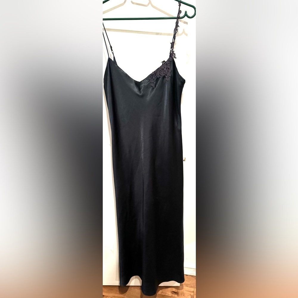 Vintage LA SENZA Maxi Slip Dress navy scoop back satin floral lingerie evening L